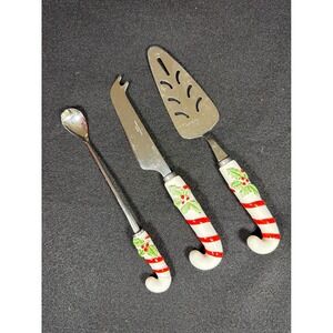 Vintage Christmas Candy Cane Serving Set Stainless Steel Japan Holly Berry 3pc